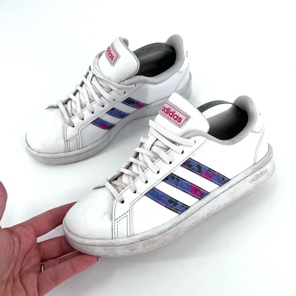 Adidas Grand Court Sneakers Womens 6.5‎ White Floral Print Low Top Tennis Shoes